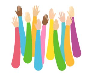 Illustration of many arms raised in the air, each a different bright colour, with hands of varying skin tones