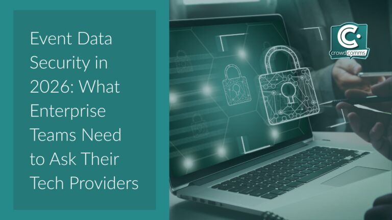 Title card reading "Event Data Security in 2026: What Enterprise Teams Need to Ask Their Tech Providers" over a laptop showing glowing padlock icons