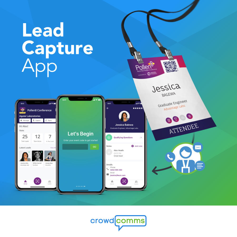 "Lead Capture App" graphic showing three phone screens of lead stats and notes next to an attendee badge on a lanyard