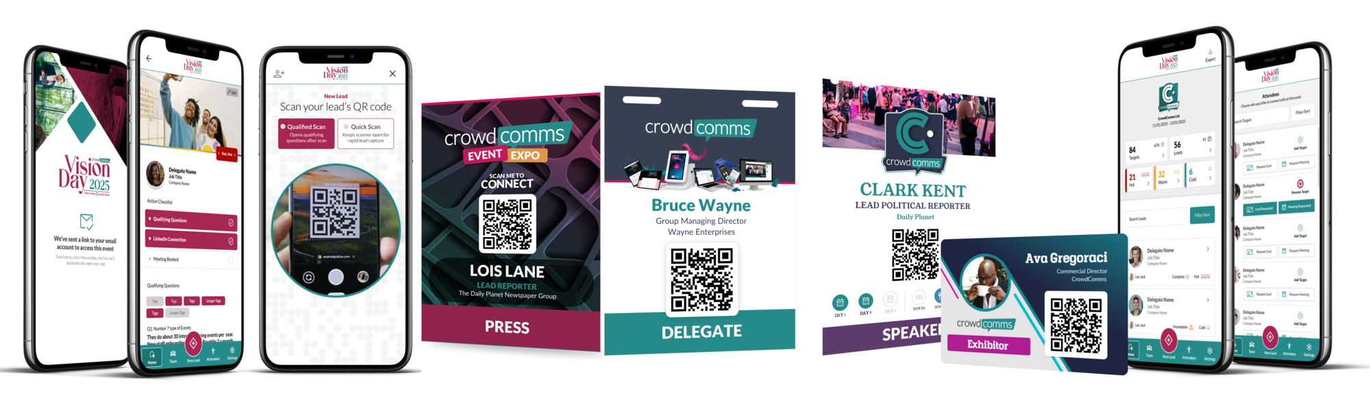Event app screens on phones beside four printed name badges with QR codes, labelled Press, Delegate and Speaker