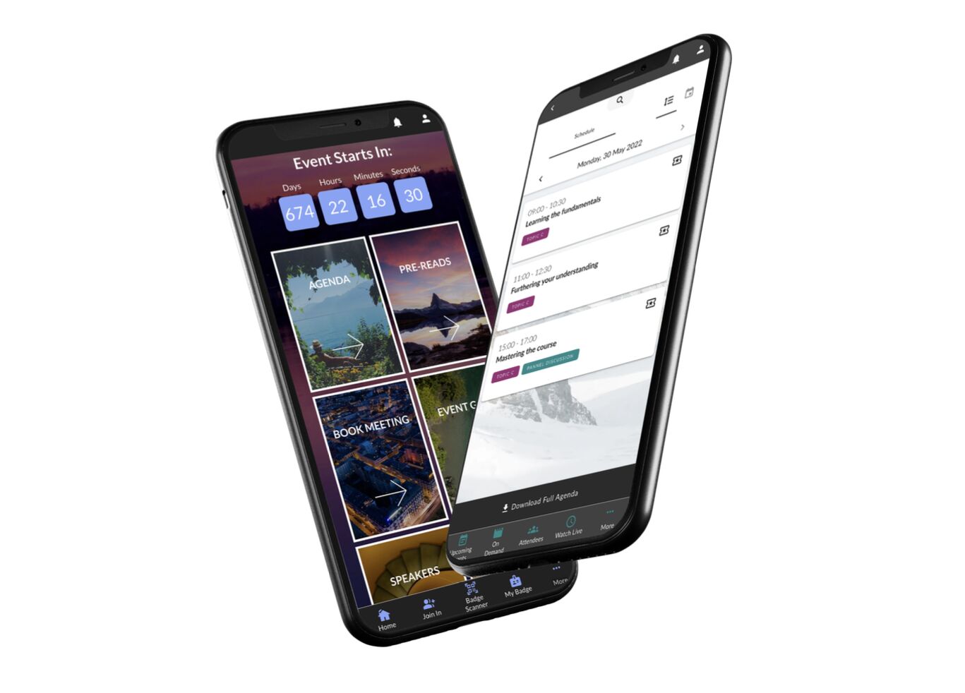 Two phones showing an event app: a countdown home screen with photo tiles for Agenda, Pre-reads and Speakers, and a dated session schedule