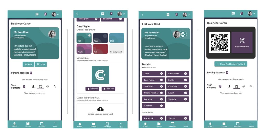 Four event app screens for digital business cards: card preview, background and logo styling, field selection, and a QR code to swap details