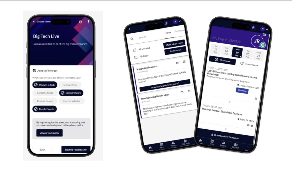Event app screens for "Big Tech Live": registration with session interest topics, a notifications inbox, and a personal schedule by day