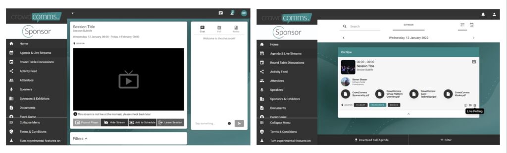Two virtual event platform views with a sponsor-branded side menu: a live stream page with chat, and an agenda showing an on-now session