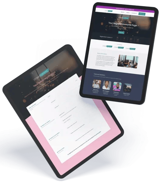 Two tablets showing a branded event registration home page with featured speakers, and a multi-step registration form