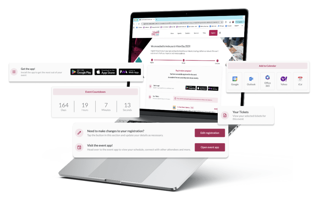 Laptop showing a completed event registration page, with callout panels for event countdown, app download links, tickets and add to calendar