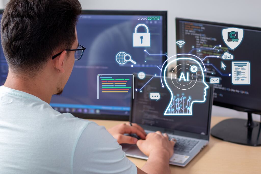 Man working at a laptop between code-filled monitors, with an overlaid AI head graphic linked to padlock, wifi and document icons