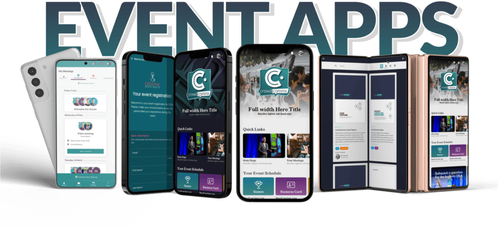 "Event Apps" graphic with a row of phones and folding devices showing meetings, registration, hero home screens and lead capture pages