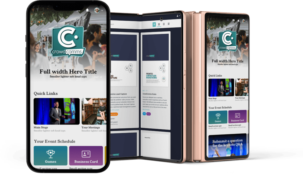 Event app home screen on a phone and a folding phone, with quick links, an event schedule and Games and Business Card tiles