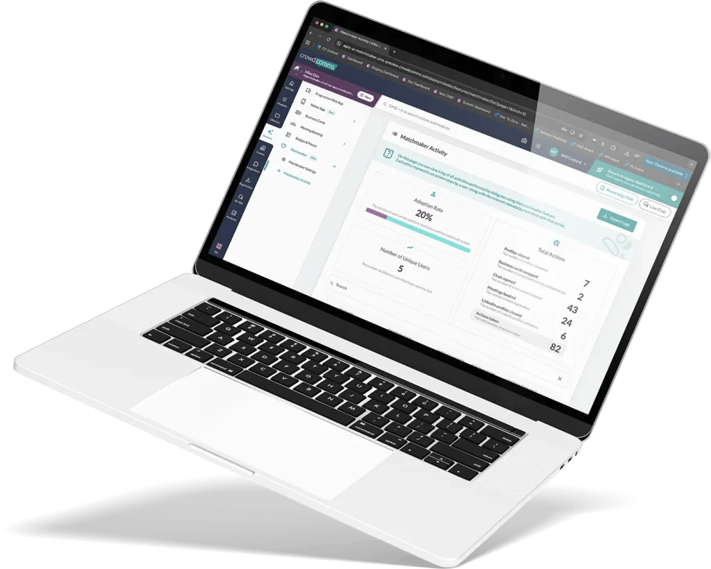 Laptop showing a Matchmaker Activity dashboard with a 20% adoption rate and counts of profile views, cards swapped and meetings booked