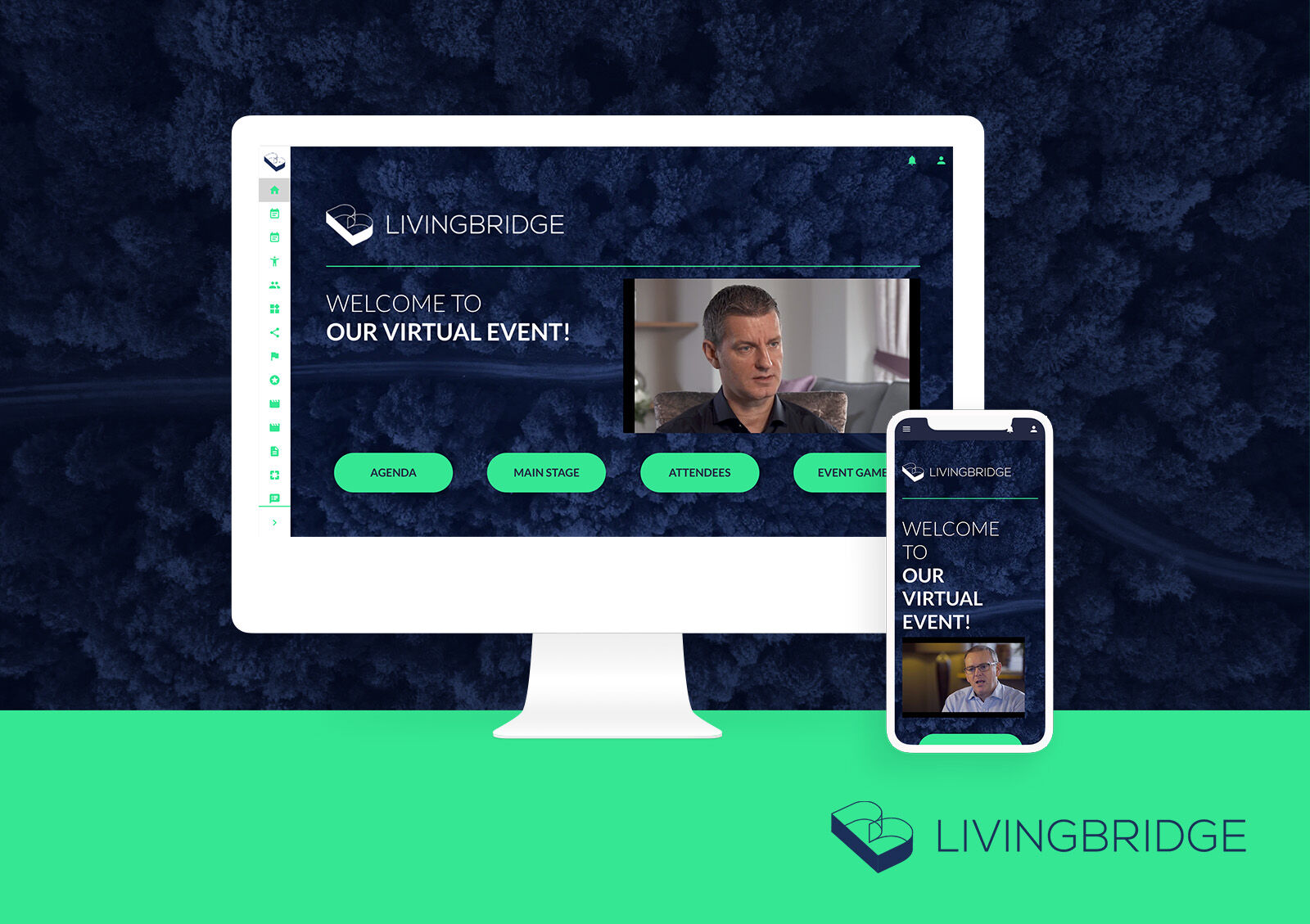Livingbridge-branded virtual event platform on a desktop monitor and phone, reading "Welcome to our virtual event" with Agenda, Main Stage and Attendees buttons