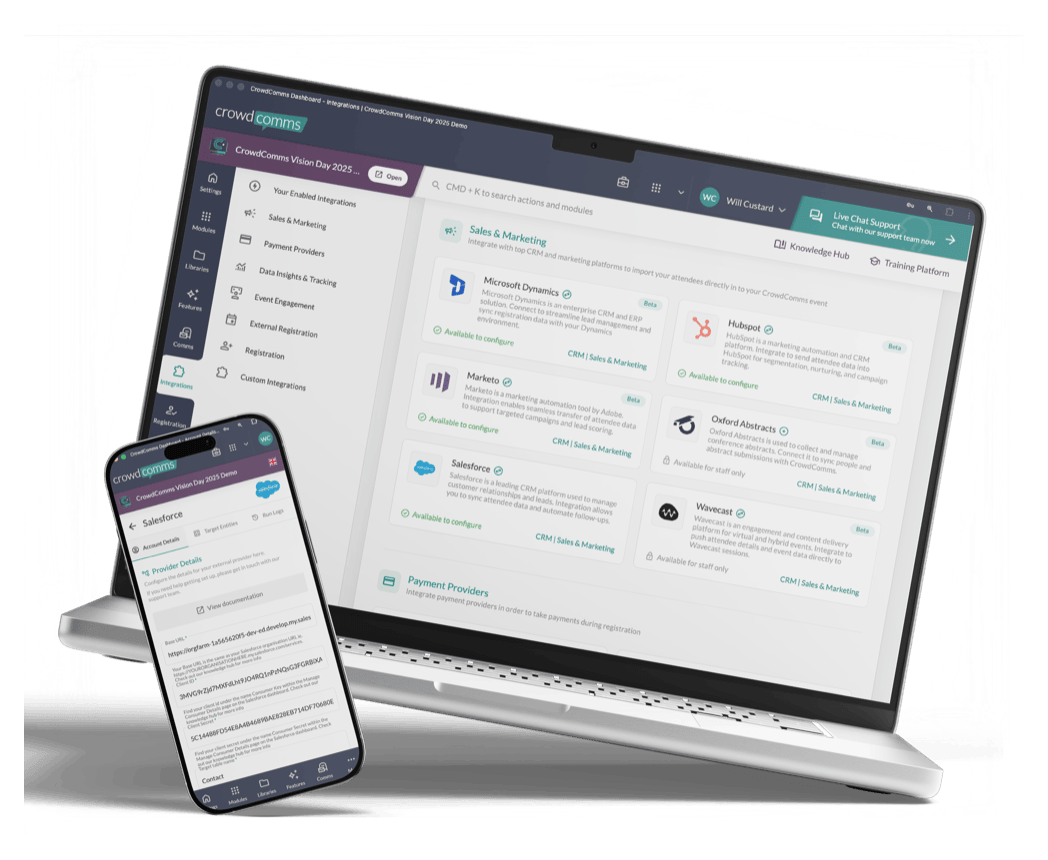 CrowdComms integrations dashboard showing Salesforce, HubSpot, Microsoft Dynamics and Marketo CRM connections