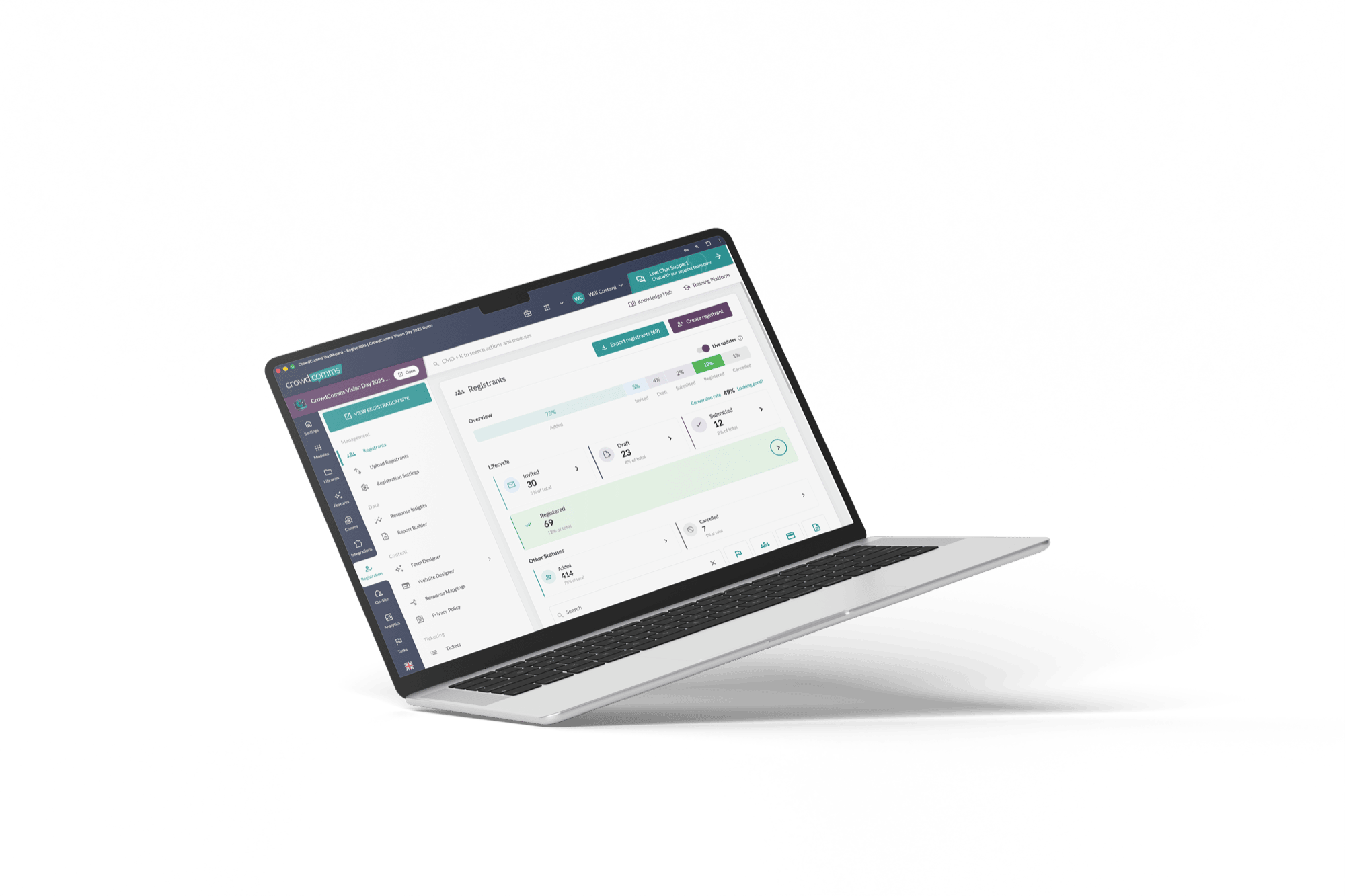 CrowdComms registration dashboard showing registrant status, lifecycle stages, and the form and website designer tools