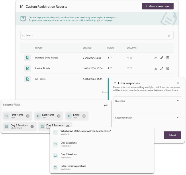 CrowdComms Custom Registration Reports screen, showing saved reports and the filter and field selection panels